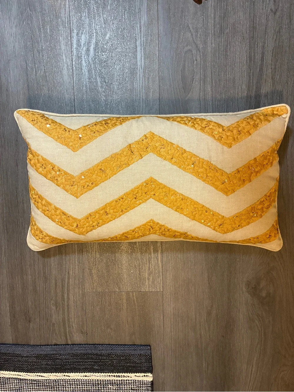 Anthropologie Mustard Chevron Embroidered Lumbar Pillow with Sequin Detail